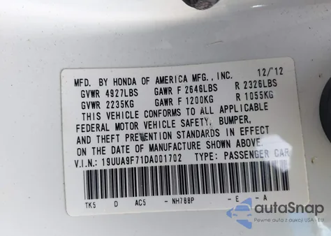 2013 Acura Tl 3.7 from USA, damaged, VIN 19UUA9F71DA001702